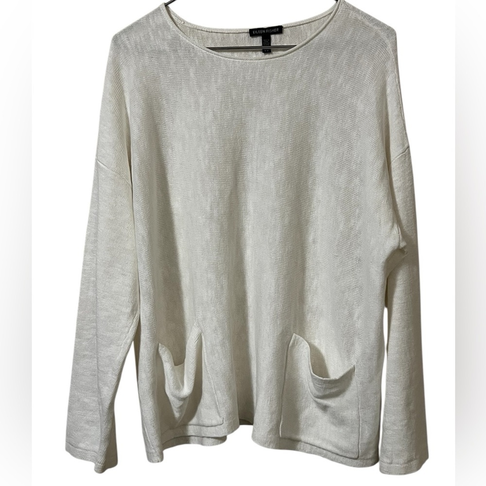 Eileen Fisher Cream Scoop Neck Lightweight Pocket Sweater